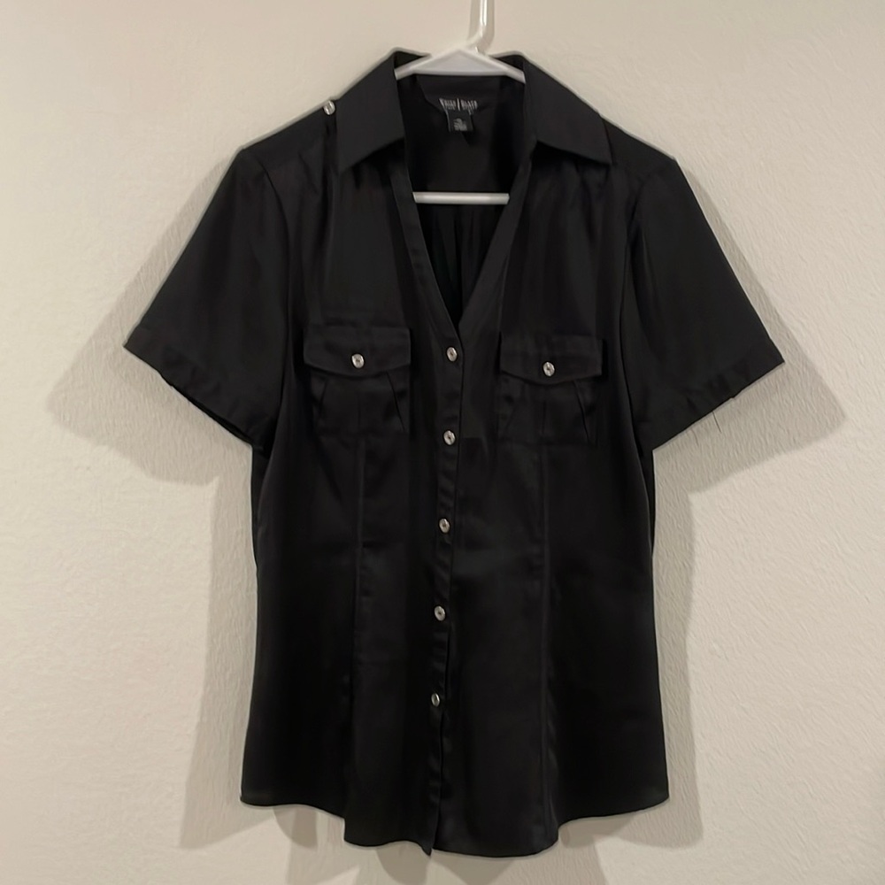 Black Short Sleeve Button-Up Women's Top
